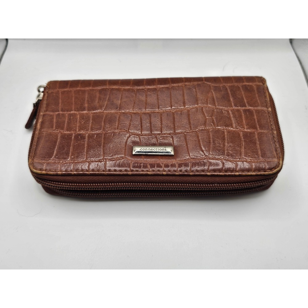 Connections Brown Crocodile Embossed Double Zip Around Wallet Clutch Organizer